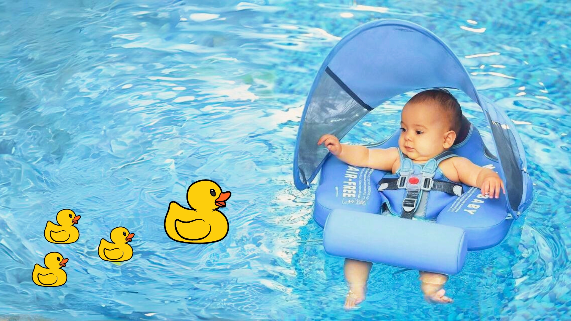 Mambokids baby in a babfloat looking at ducks